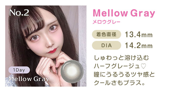 No.2　MellowGrayメロウグレー　着色直径13.4mm　DIA14.2mm　しゅわっと溶け込むハーフグレージュ　瞳にうるうるツヤ感とクールさもプラス。