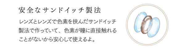 レンズとレンズで色素を挟んだサンドイッチ製法で作っていて、色素が瞳に直接触れることがないから安心して使えるよ。